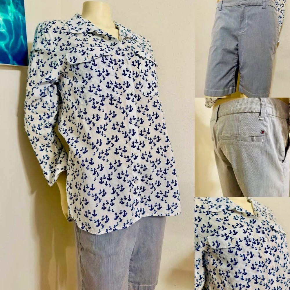 Worn Once! Tommy Hilfiger Blue and White Anchor Print Blouse with Gray Shorts